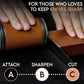 Hands using a brown magnetic roller knife sharpener on a metal blade