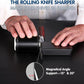 Brown and black magnetic roller knife sharpener with chef knife on support