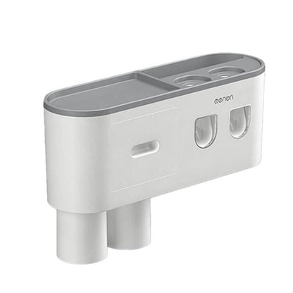 White multi-cup bathroom toothbrush holder with dual toothpaste dispenser panels