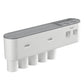 White bathroom toothbrush holder with drawer front and dual toothpaste dispenser openings