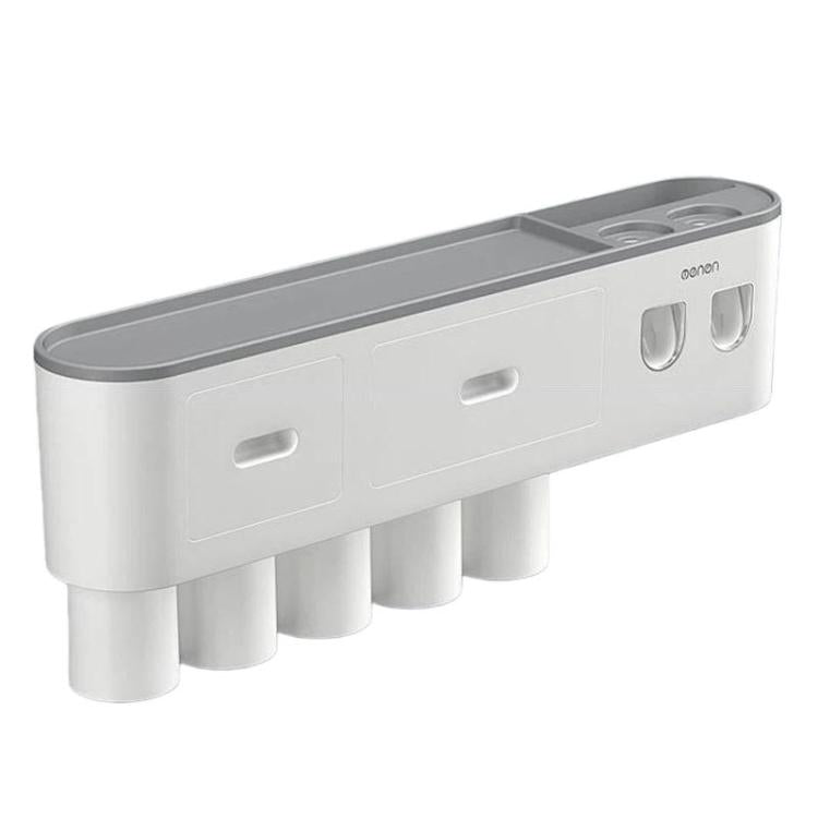 White bathroom toothbrush holder with drawer front and dual toothpaste dispenser openings