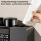 Black toothbrush holder with a front compartment for toothpaste storage and lid on top