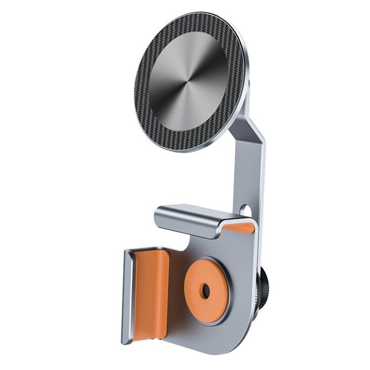 Car phone holder magnetic mount base with black carbon-fiber top disc and gray bracket