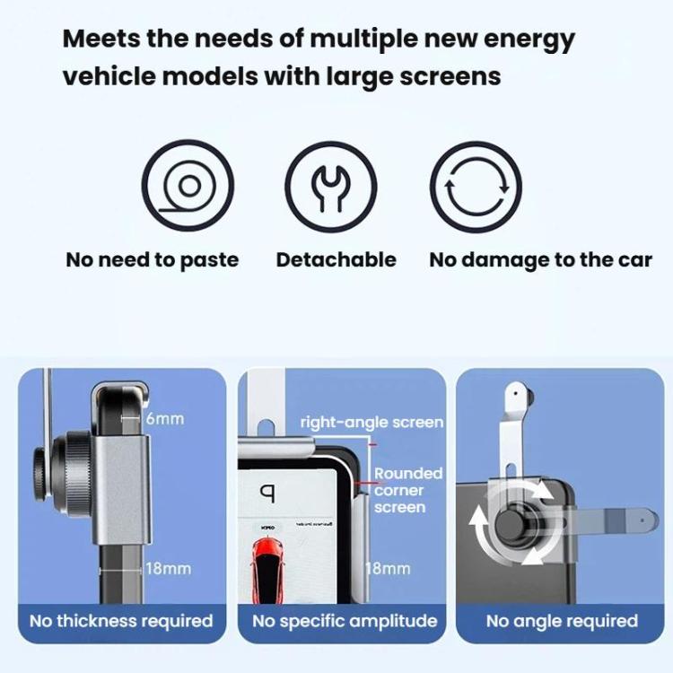 Car phone holder base with detachable mounting and gray screen support clamp