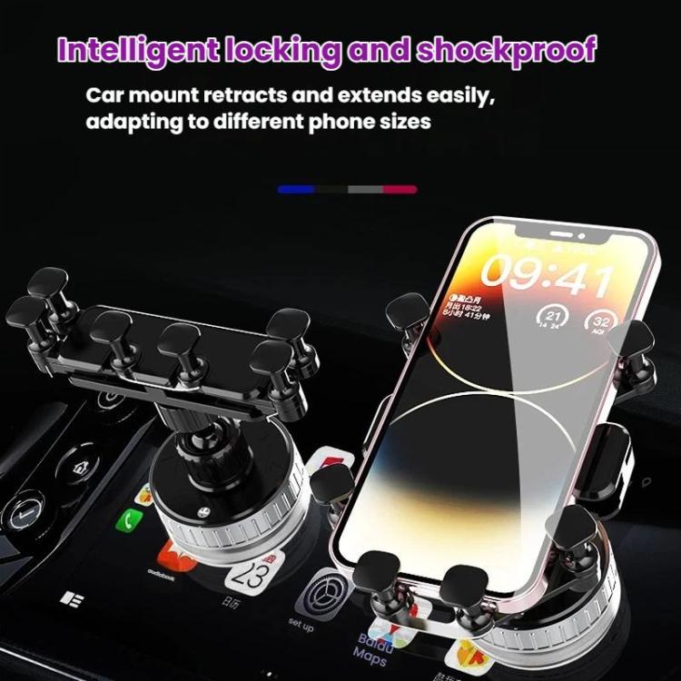 Car phone mount with suction base and multi-grip arms holding a smartphone