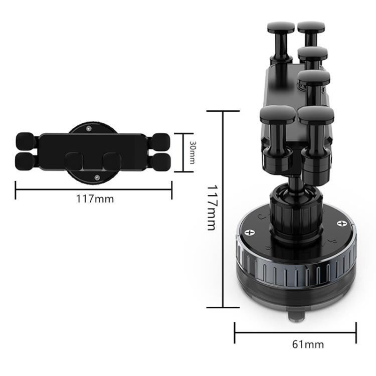 Universal rotating car phone mount with suction base and adjustable clamp arms