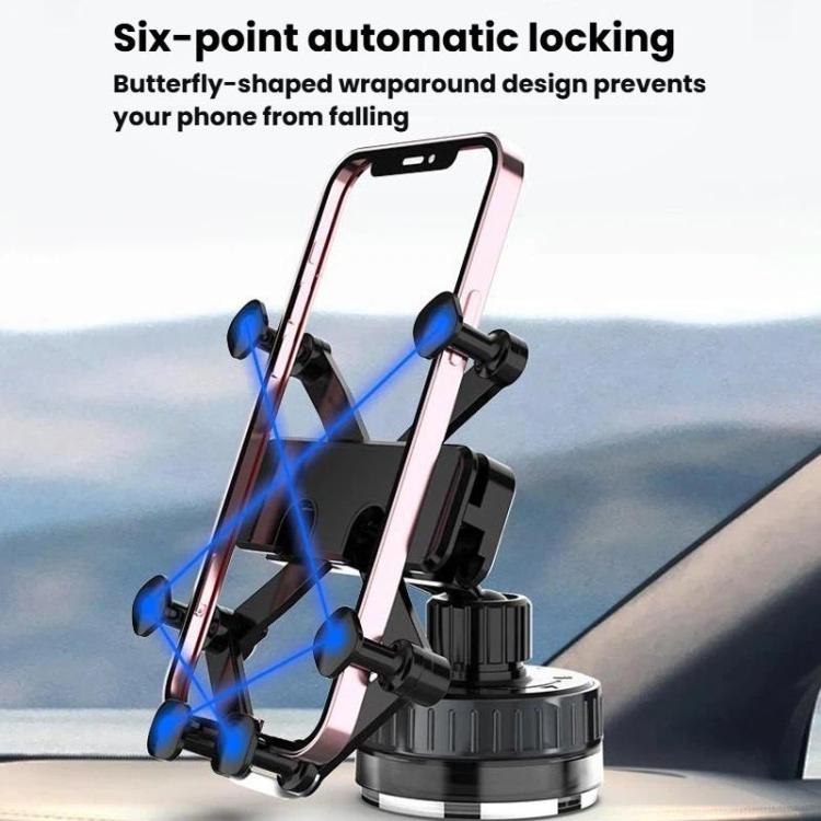 Car phone mount with six-point locking wraparound grips around a phone