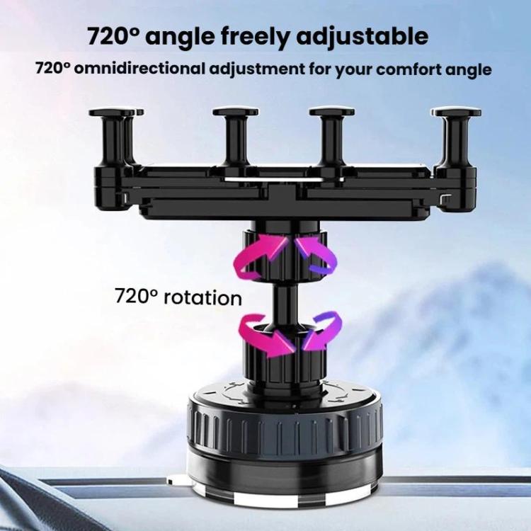 Rotating car phone mount with 720-degree adjustable arms and suction base