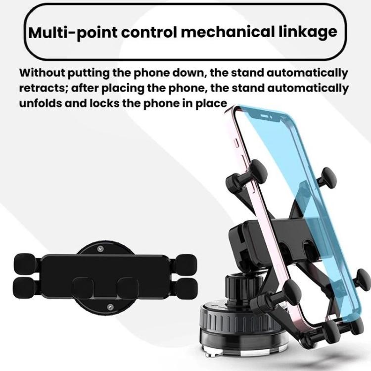 Car phone mount with retracting clamp linkage holding a phone upright