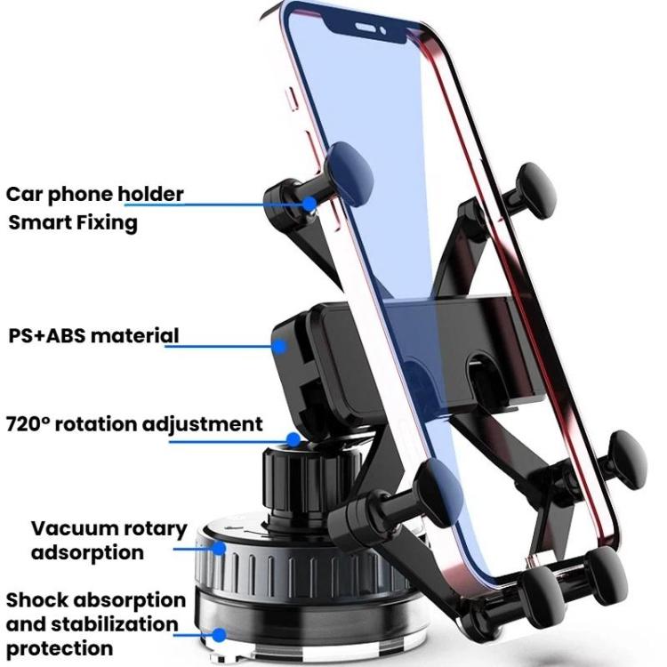 Car phone holder with vacuum rotary suction base and shock-absorbing stabilization