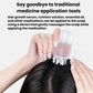 Hands holding a clear scalp applicator bottle with prong tips for treatment