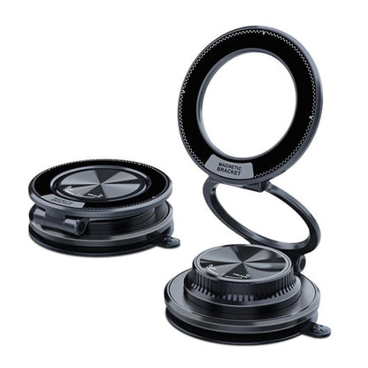 Black foldable magnetic car phone holder with round magnetic bracket and base stand