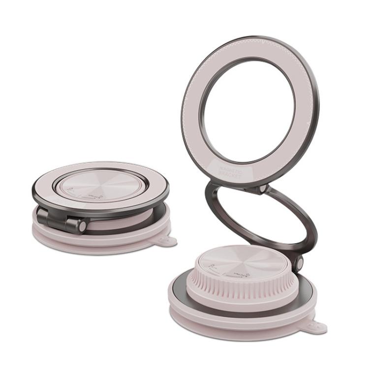Light-colored foldable magnetic car phone holder with round ring bracket and suction base