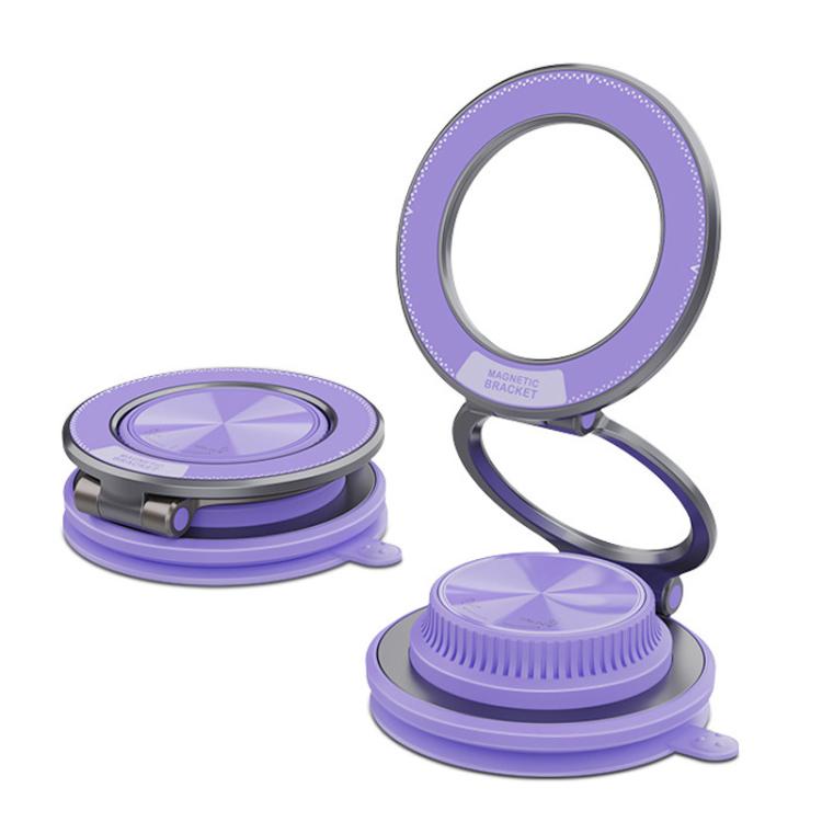 Purple foldable magnetic car phone holder with ring bracket and compact round base