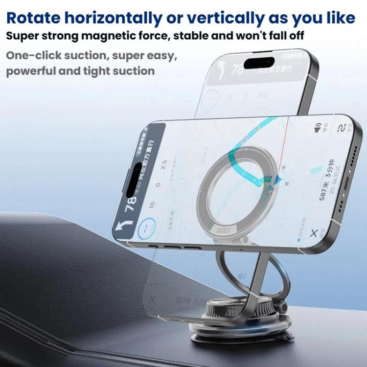 Silver car phone holder mount with foldable magnetic ring and suction base on dash