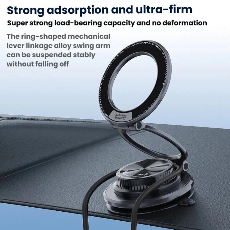 Black magnetic car phone holder with ring bracket and foldable base on dashboard