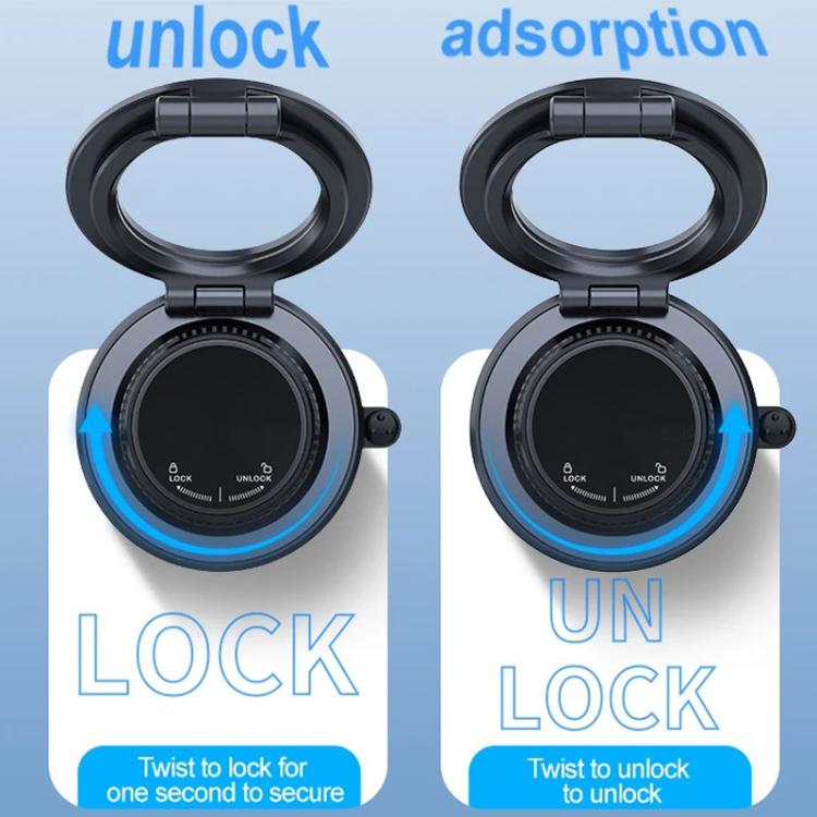 Black magnetic car phone holder showing lock and unlock ring positions