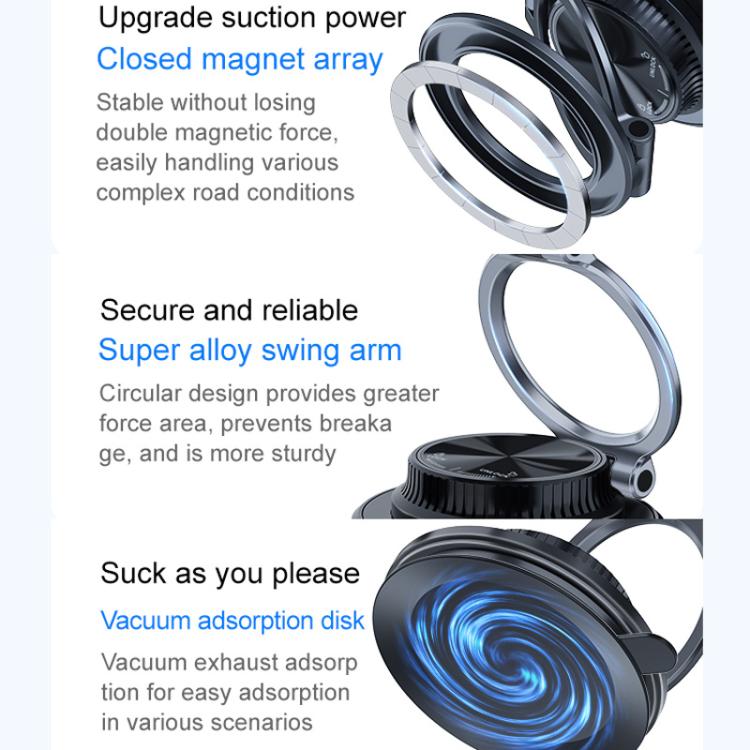 Black foldable magnetic car phone holder with suction disk and swing arm