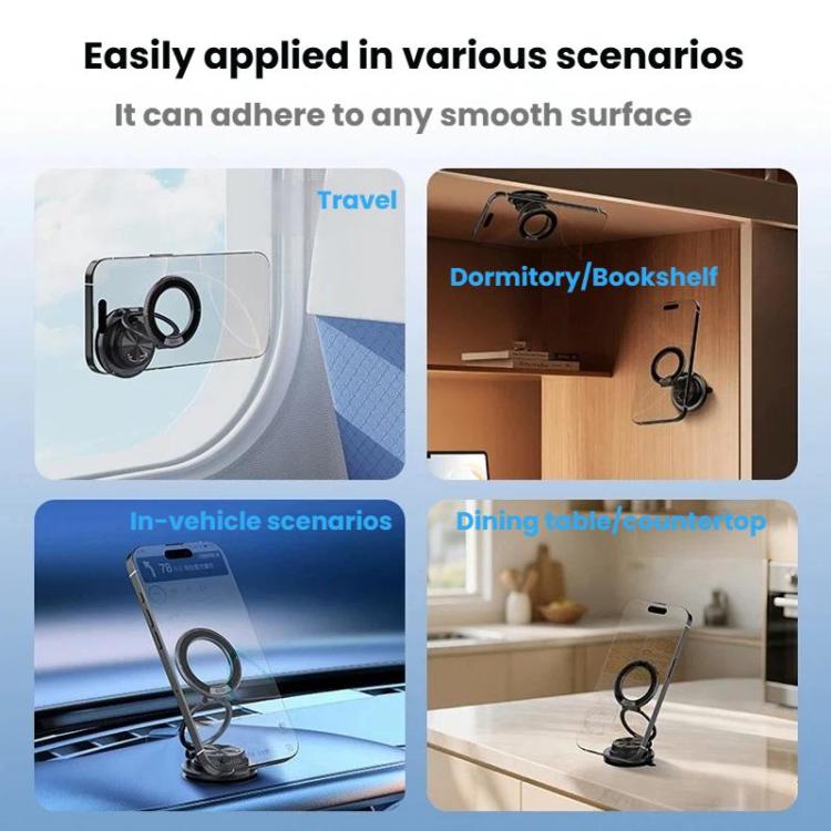 Magnetic foldable phone holder with suction base and ring mount on smooth surfaces