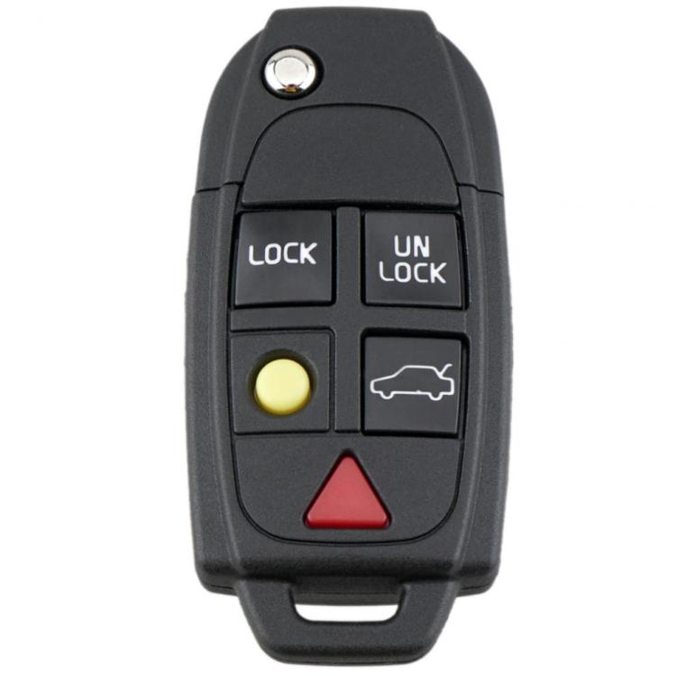 Black folding car remote key shell with lock, unlock, and alarm buttons and key ring slot