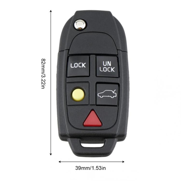 Black folding car remote key shell with lock/unlock buttons and red, yellow, and icon keys