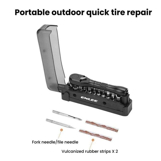 Portable bicycle tire repair kit tool box with tire lever, file needle, and vulcanized strips