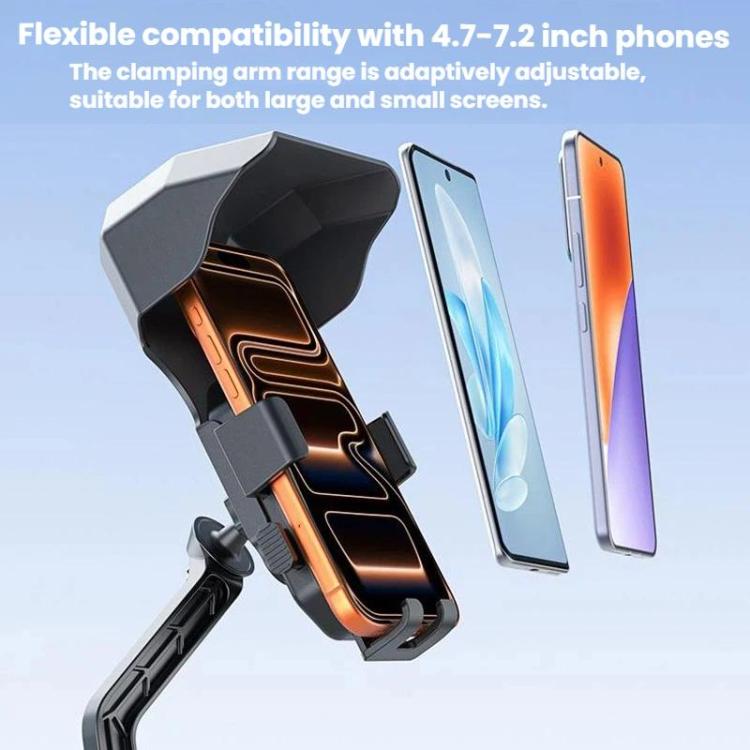 Black mirror-mount phone holder with adjustable clamp for different phone sizes