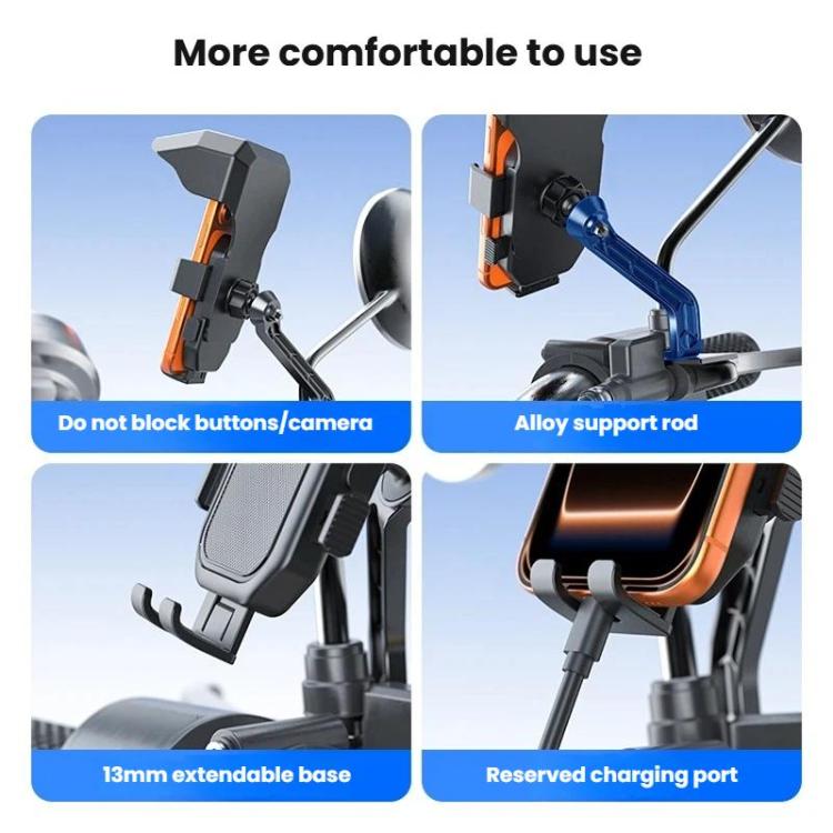 Mirror-mount phone holder with extendable base and accessible charging area
