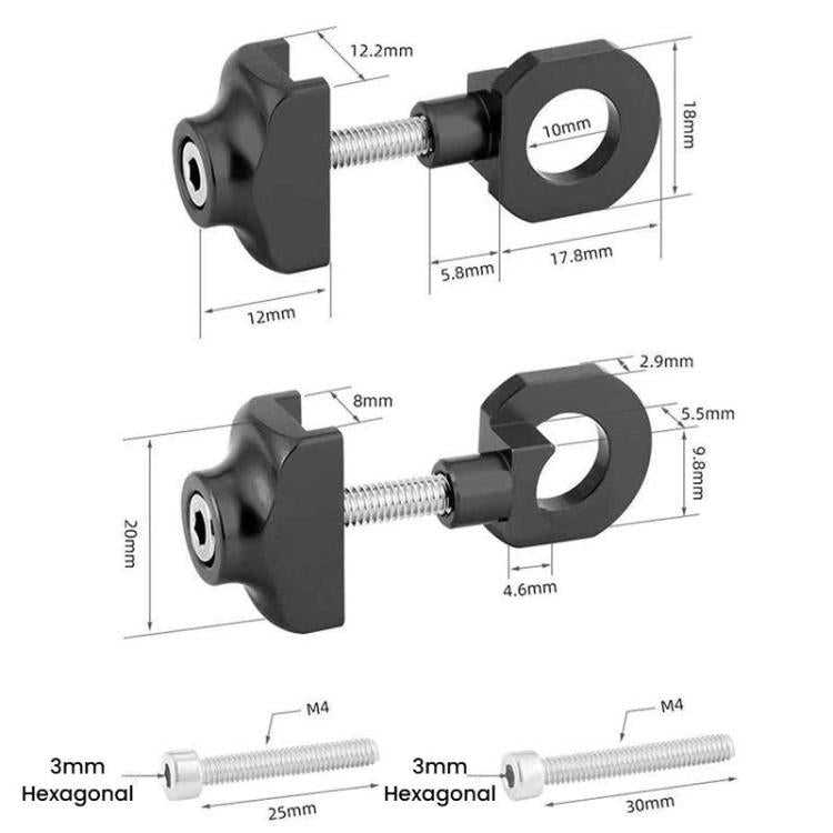 Bicycle chain breaker tool with labeled dimensions for black and gray clamps