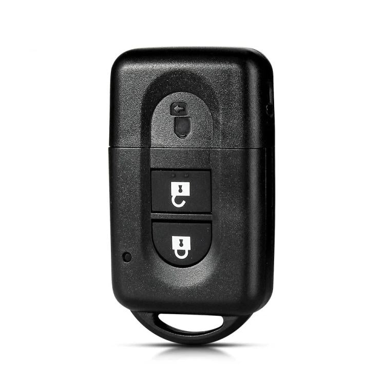 Nissan key fob remote shell with key blank, black plastic with lock and unlock buttons