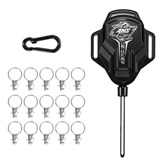 Retractable clothesline reel with black carabiner clip and multiple metal hanging hooks