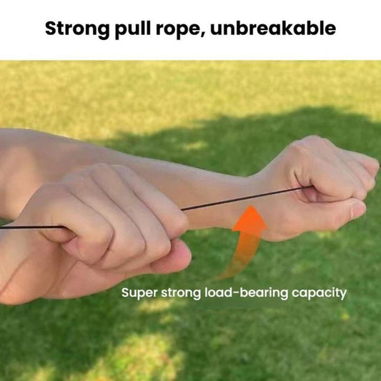 Retractable clothesline rope being pulled taut between two hands