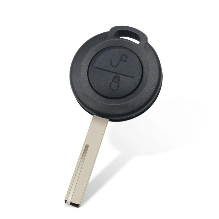 Black key shell with metal key blade, oval fob showing lock/unlock icons
