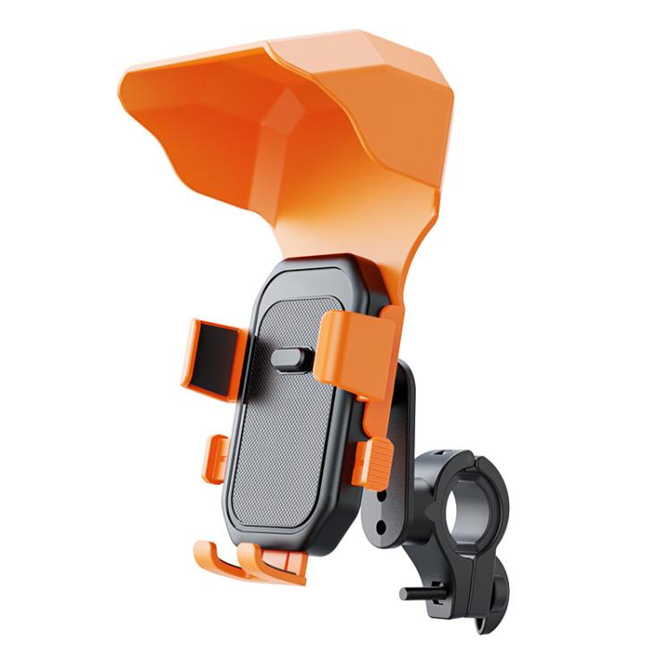 Universal motorcycle phone mount with adjustable clamp and anti-slip grip, orange