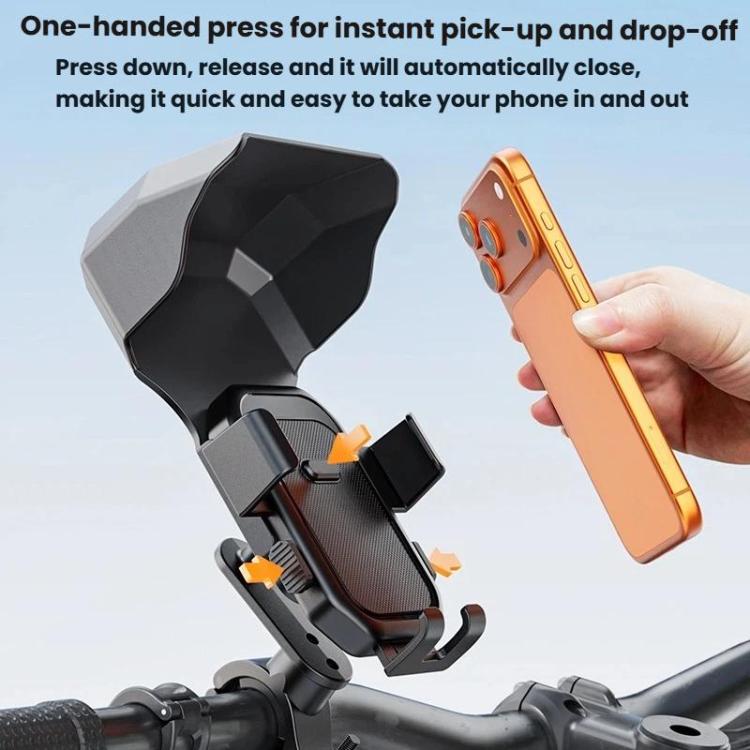 Motorcycle phone mount with hinged clamp and quick one-hand release, black