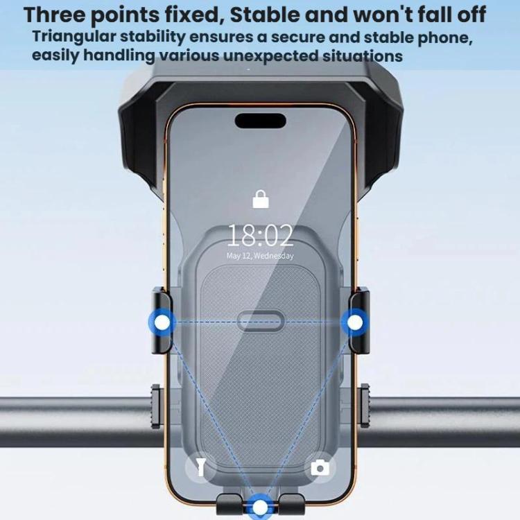 Motorcycle phone mount cradle with three-point support, holds phone, black