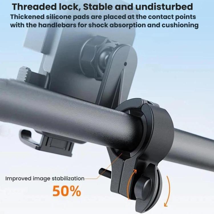 Motorcycle phone mount with threaded lock and shock-absorbing pads, black