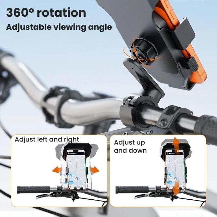 Motorcycle phone mount with 360° rotation, adjustable viewing angle, black and orange
