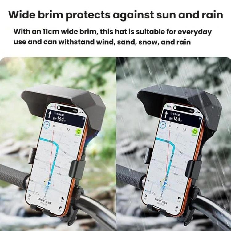 Motorcycle phone mount with wide brim protection, shields phone from sun and rain