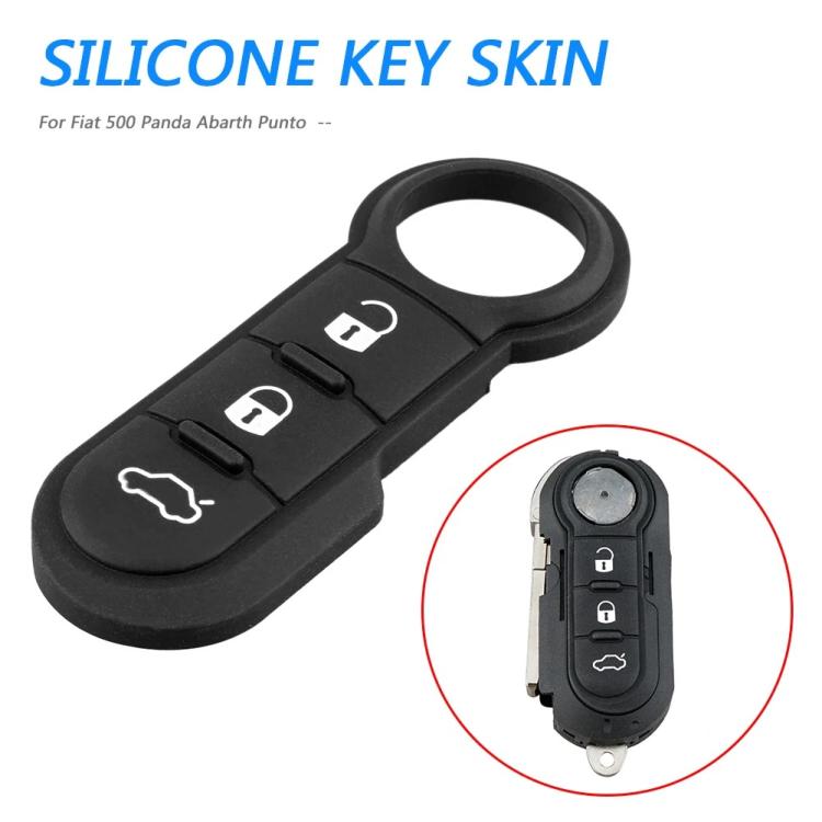 Black silicone key fob cover with button icons and key ring opening