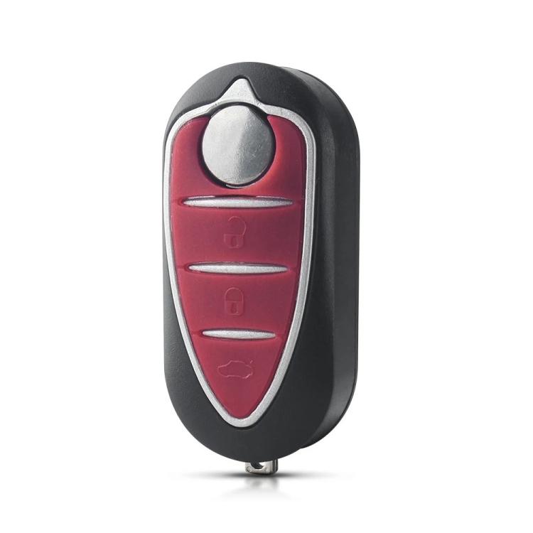 Red and black folding car key shell with three-button remote and key blade