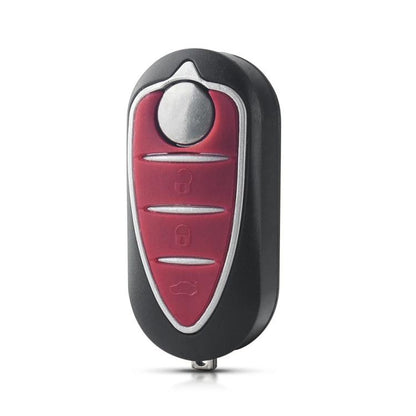 Red and black folding car key shell with three-button remote and key blade