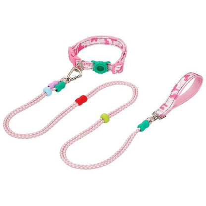 Pink double-section P-shaped pet leash and collar set with two leads and metal clips