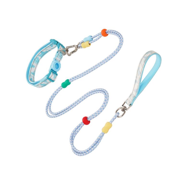 Light blue double-section P-shaped pet leash and collar set with two leads and metal clips