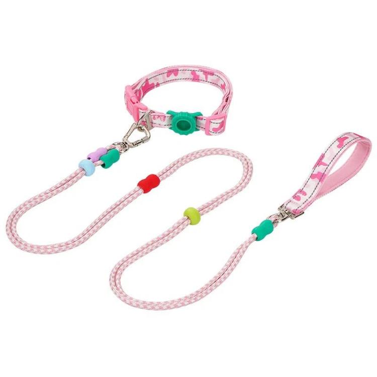 Pink P-shaped dual-leash pet collar with two braided straps and metal attachment clips