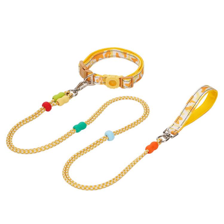 Yellow P-shaped dual-leash pet collar with two braided straps and metal attachment clips