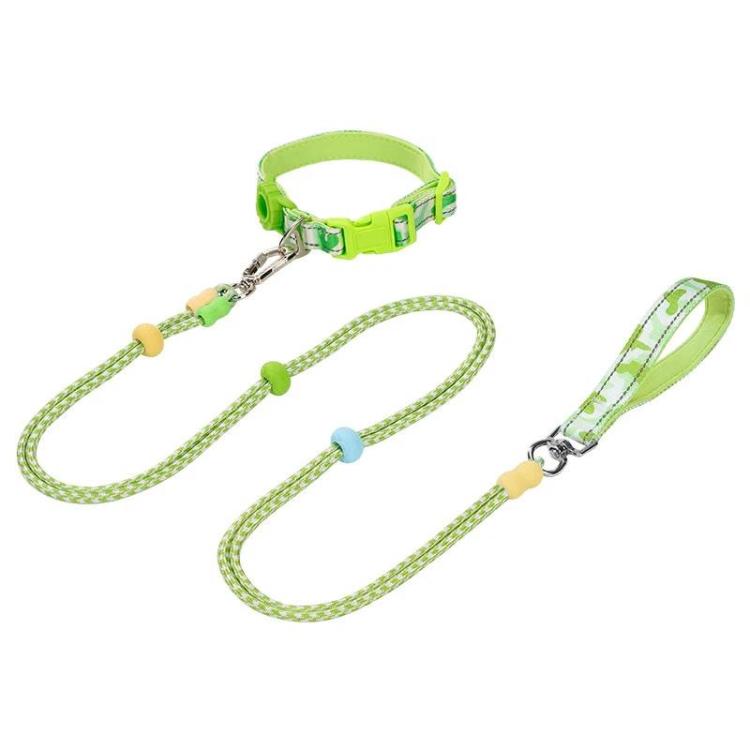 Green P-shaped dual-leash pet collar with two braided straps and metal attachment clips