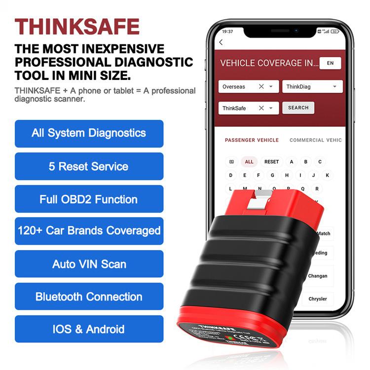 THINKSAFE OBD2 diagnostic tool with smartphone screen showing vehicle coverage