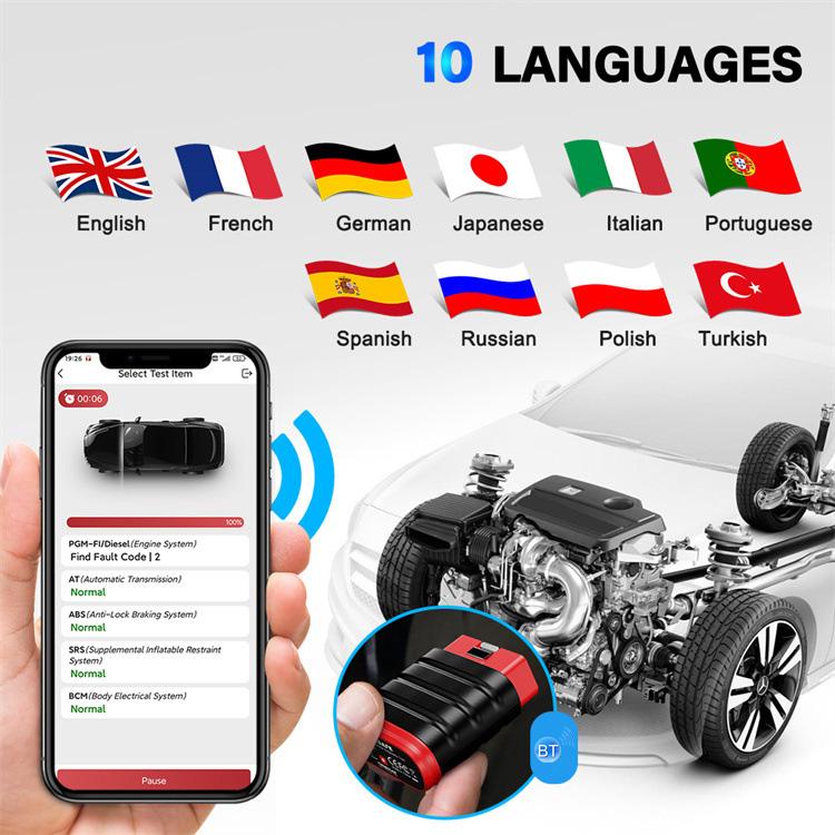 THINKSAFE diagnostic tool with phone screen showing 10 language options