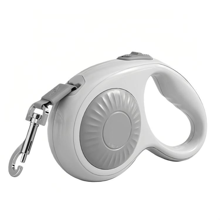 Automatic retractable dog leash, light gray case with gray button and metal hook